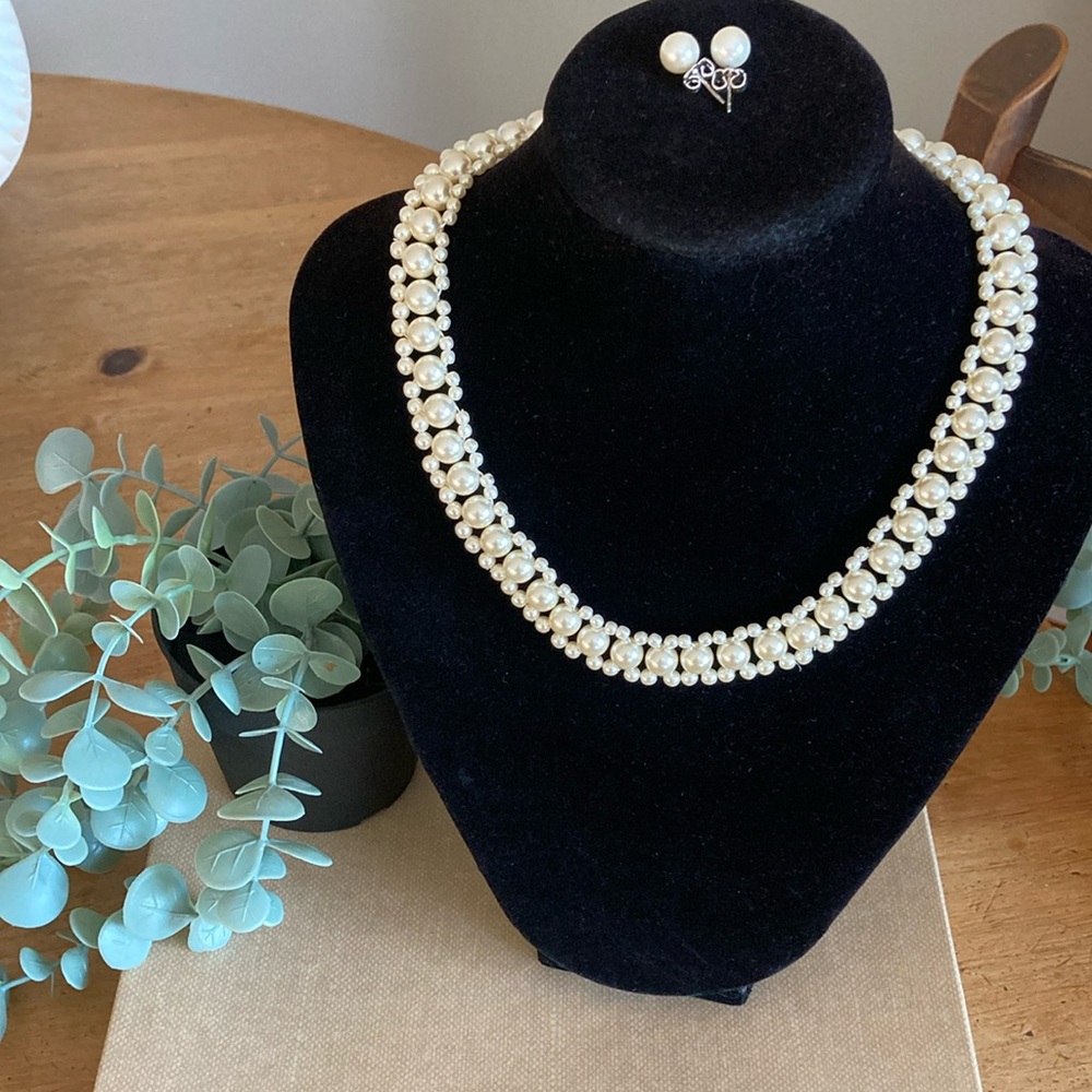 Avon Ivory Faux Pearl Layered Choker & Earrings Set Vintage Bridal
